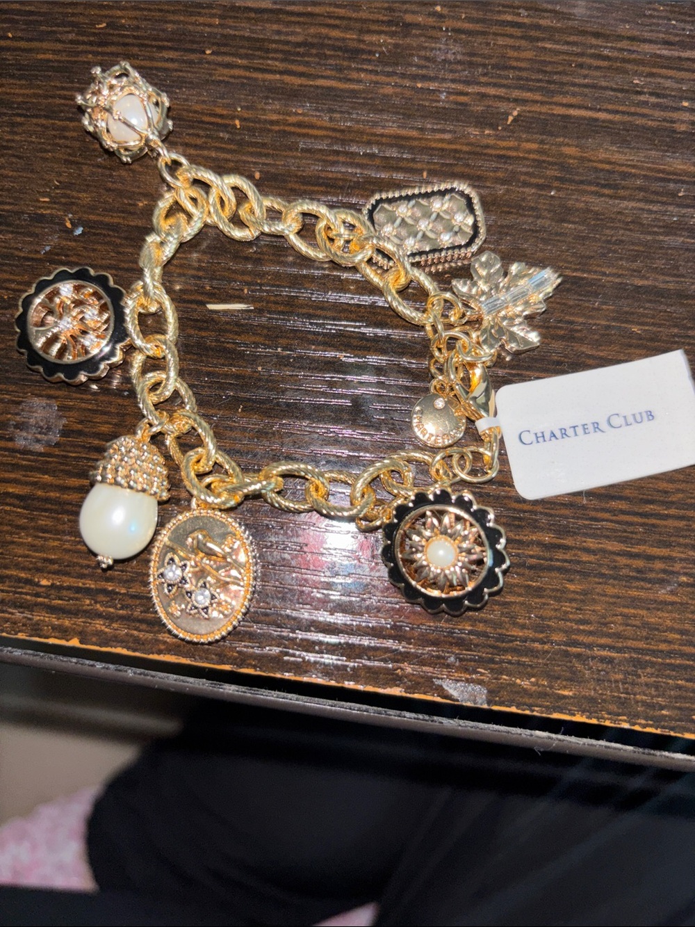 Charter Club Gold-Tone Charm Bracelet with Black and Pearl Accents